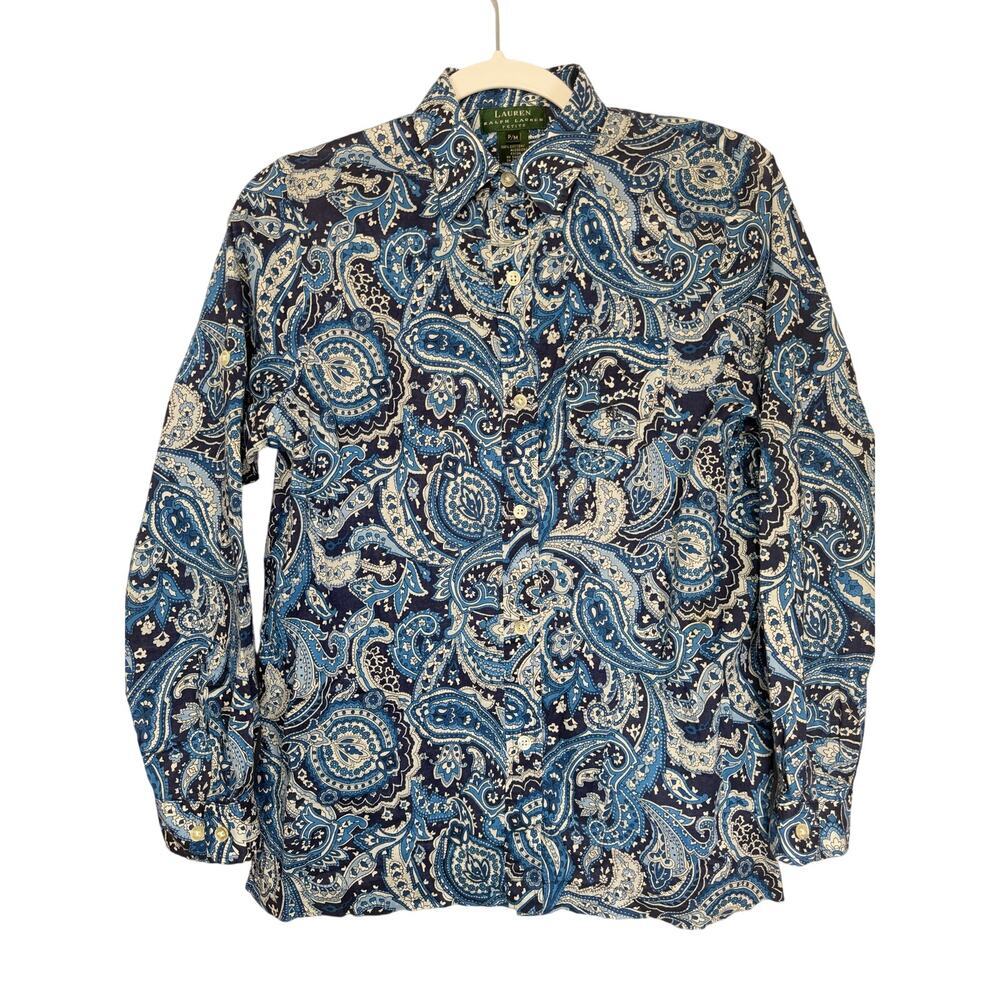Lauren Ralph‎ Lauren Blue Paisley Blouse PM Petite Medium Boho Coastal Grandma